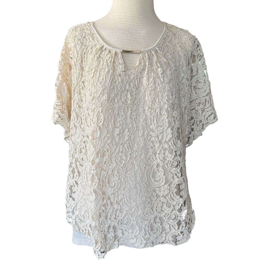Simply Emma Blouse Boho Plus 1X Short Sleeve Crochet Pullover Lace Y2k Cream